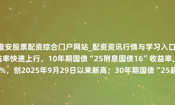 淮安股票配资综合门户网站_配资资讯行情与学习入口 银行间主要利率债收益率快速上行，10年期国债“25附息国债16”收益率上行2.1bp报1.8825%，创2025年9月29日以来新高；30年期国债“25超长格异邦债06”收益率上行1.5bp报2.2990%，创2024年11月20日以来新高。